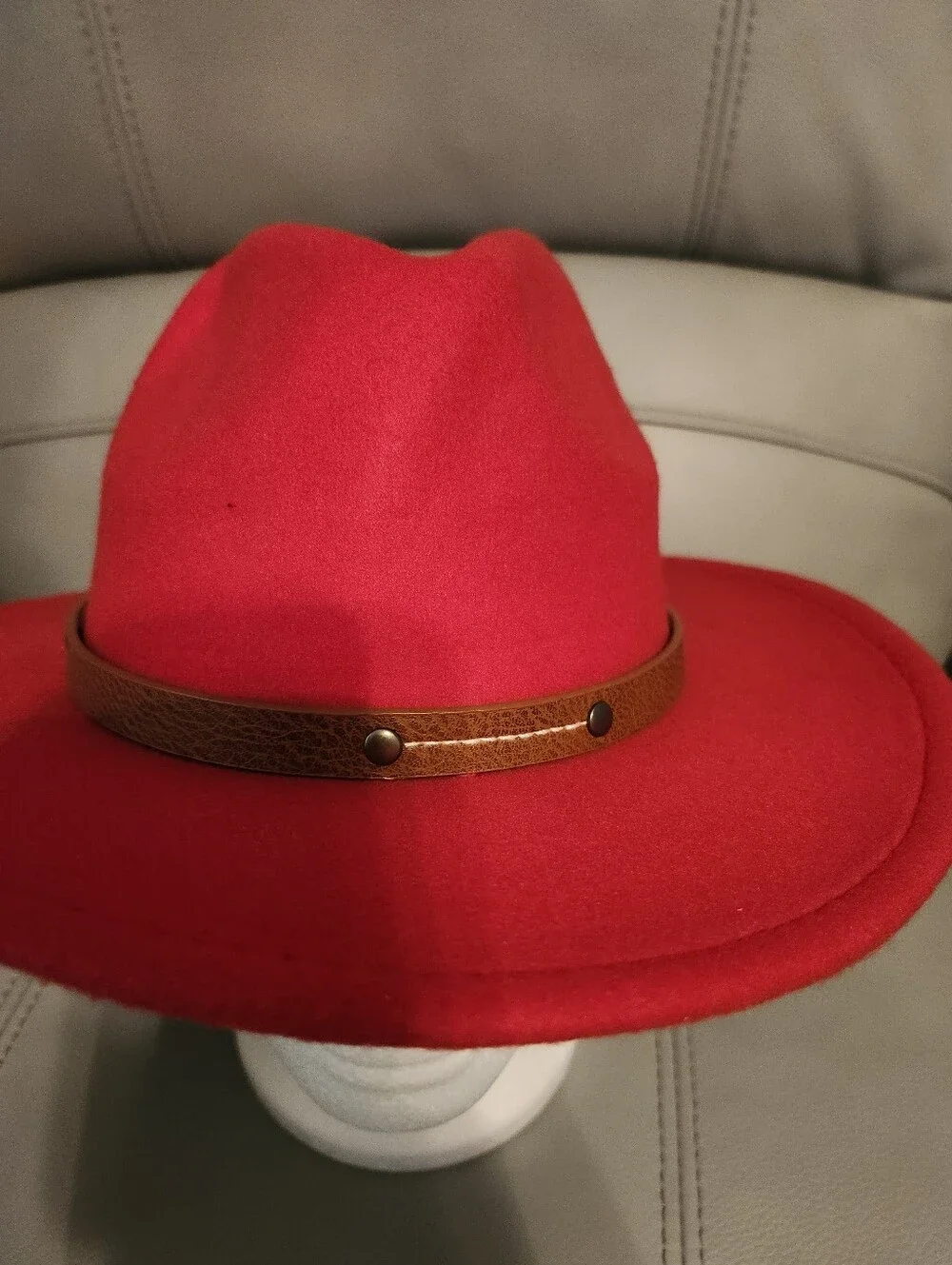 Wide Brim Red Felt Fedora with Brown Leather Band